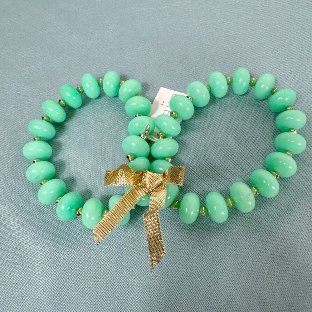 J.Crew Factory NWT Joanne Set of Two‎ Green Bead Gold Spacer Bracelets